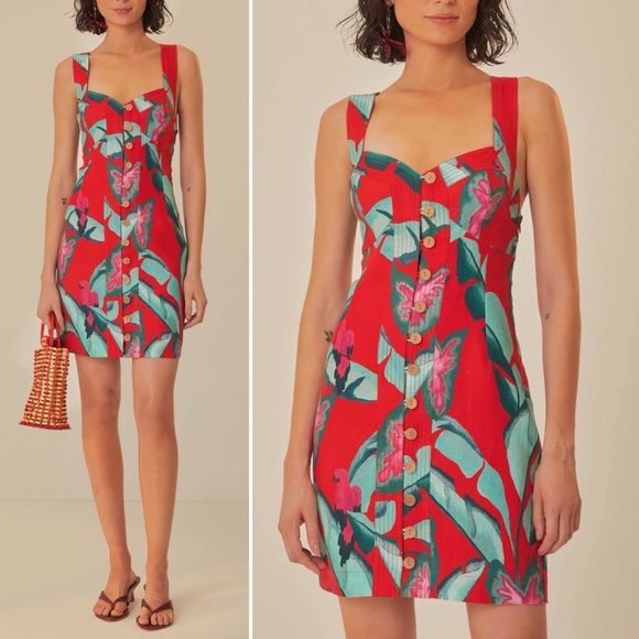 FARM Rio Summer Foliage Cross Back Mini Dress Red Medium NWT - Picture 15 of 16